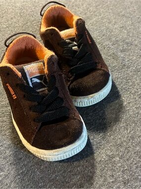Puma Kids Brown Suede Sneakers with Orange Lining and Black Laces